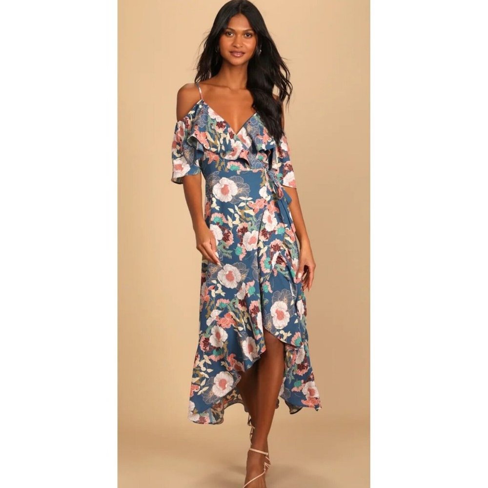 Fully Bloomed Blue Floral Print Off-the-Shoulder Maxi Wrap Dress